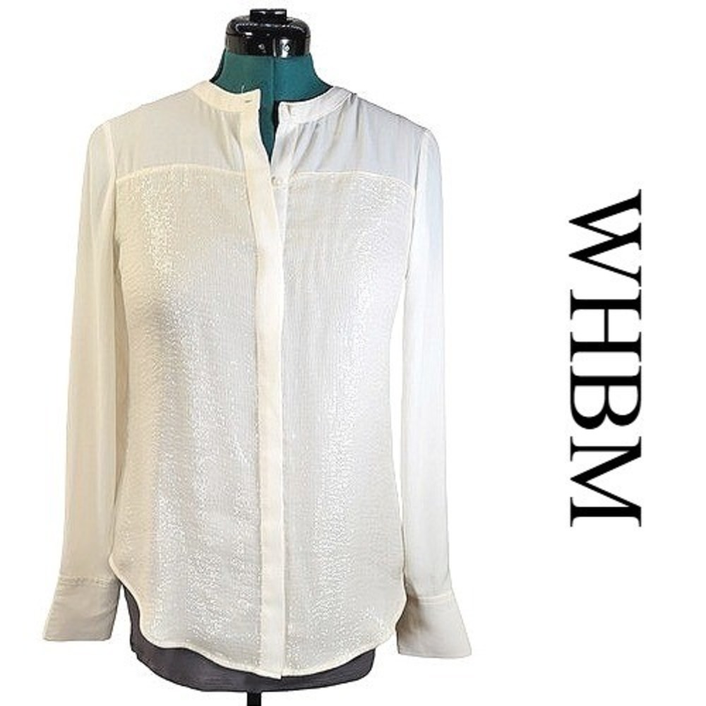 White House Black Market Silk Blend Metallic Front Blouse White Ivory‎ Size 4